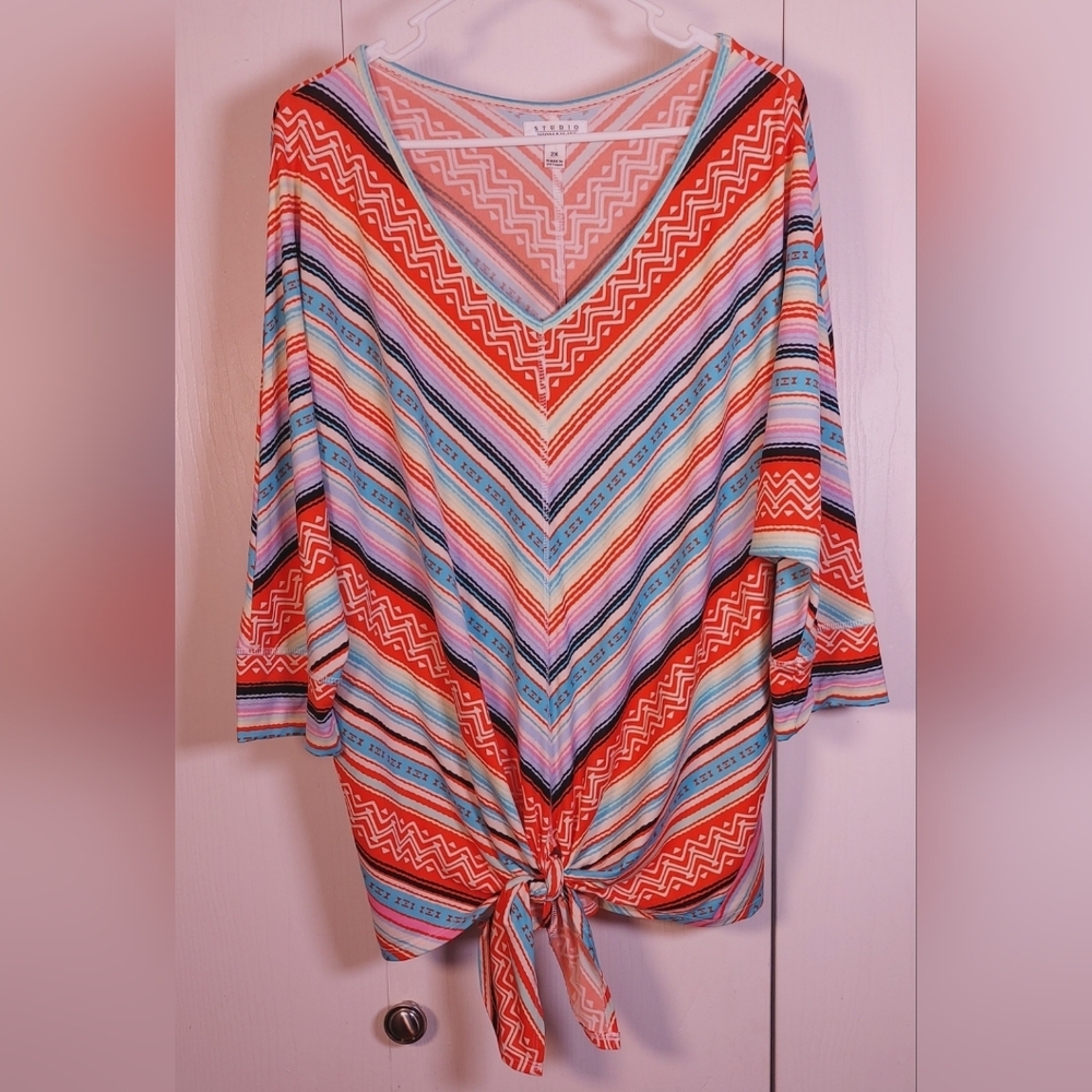 Studio Woman JPR Colorful Top Size 2X Stripes Tie Front Retro Blouse Pullover
